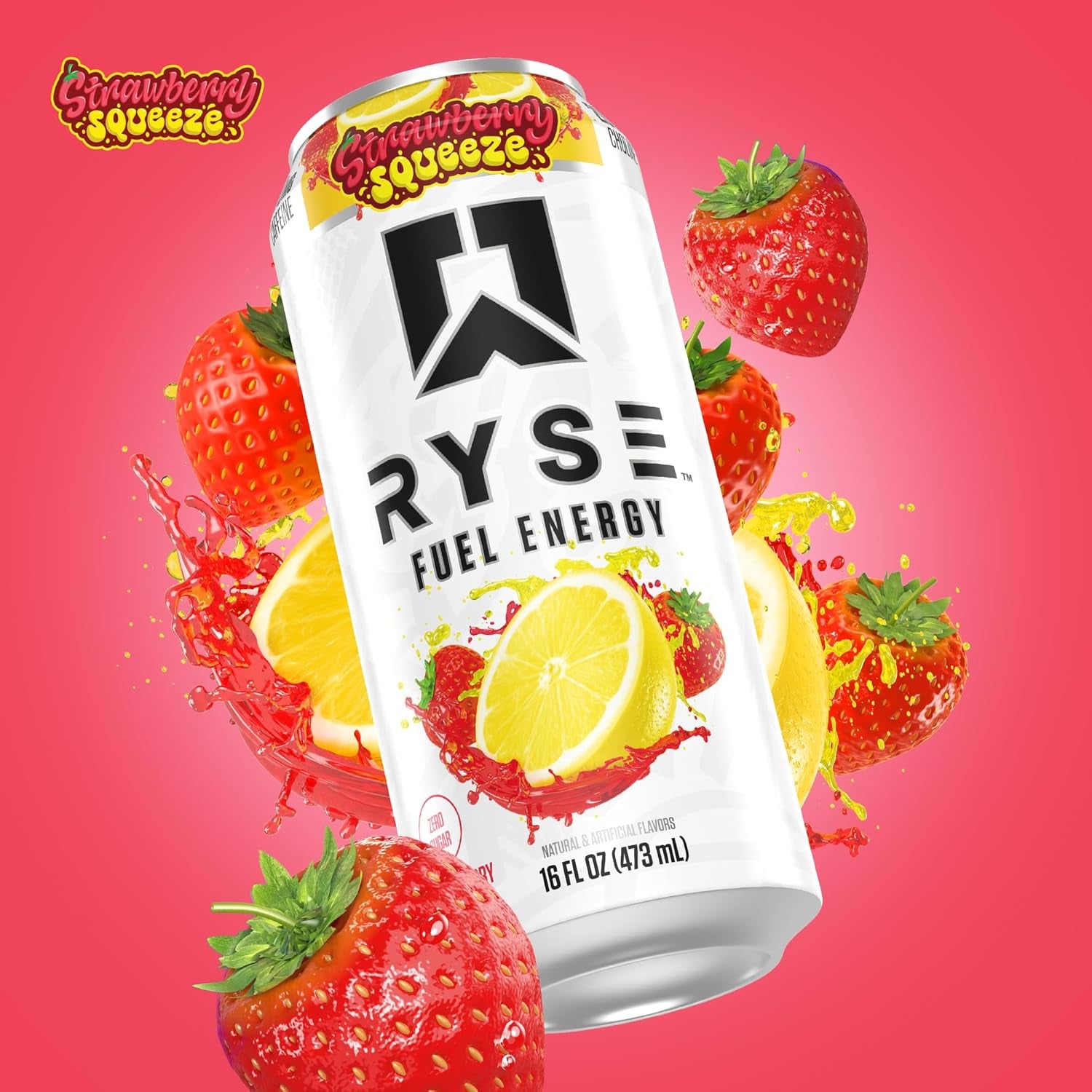 RYSE Fuel Energy Drink - Strawberry Squeeze - Sugar Free, Gluten Free & Vegan - 200Mg Natural Caffeine, Taurine & Choline for Focus & Energy - No Artificial Colors - 16 Fl Oz Cans (12-Pack)