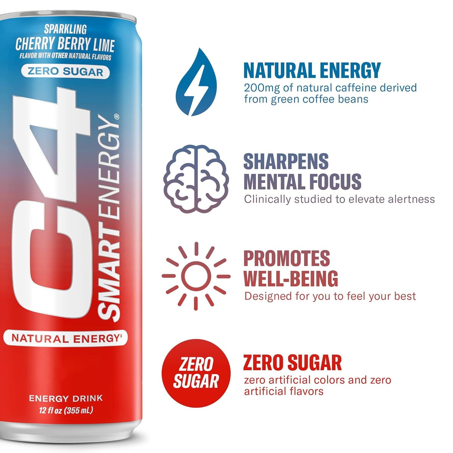 C4 Smart Energy Drink – Boost Focus and Energy with Zero Sugar, Natural Energy, and Nootropics - 200Mg Caffeine - Cherry Berry Lime (12Oz Pack of 12)