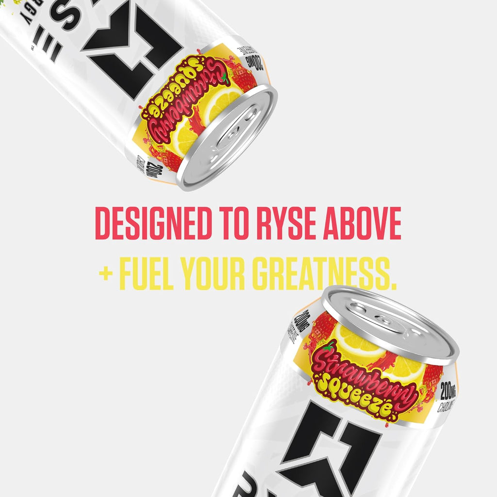 RYSE Fuel Energy Drink - Strawberry Squeeze - Sugar Free, Gluten Free & Vegan - 200Mg Natural Caffeine, Taurine & Choline for Focus & Energy - No Artificial Colors - 16 Fl Oz Cans (12-Pack)