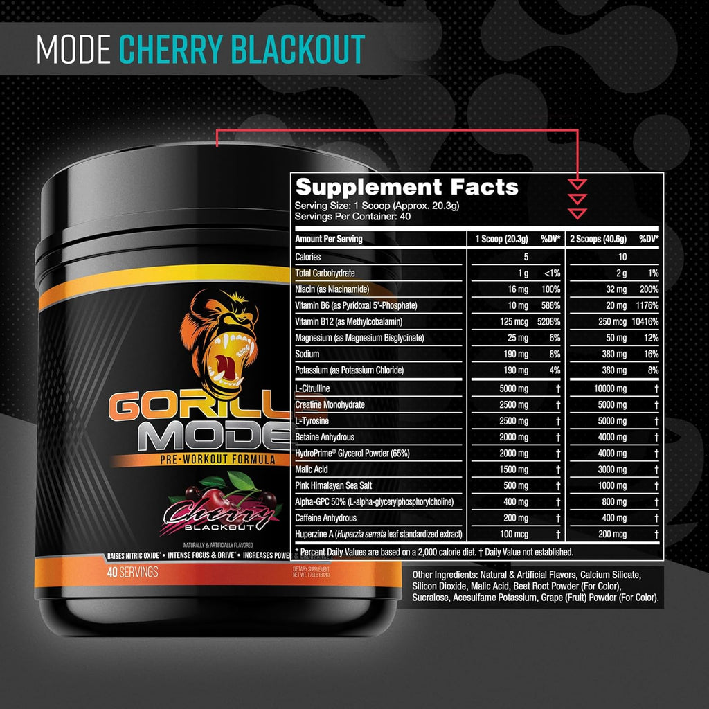 Pre Workout - Massive Pumps Laser Focus Energy Power - L-Citrulline, Creatine, L-Tyrosine, Betaine, Hydroprime, Alpha-Gpc, 400Mg Caffeine, Huperzine a - 812G (Cherry)