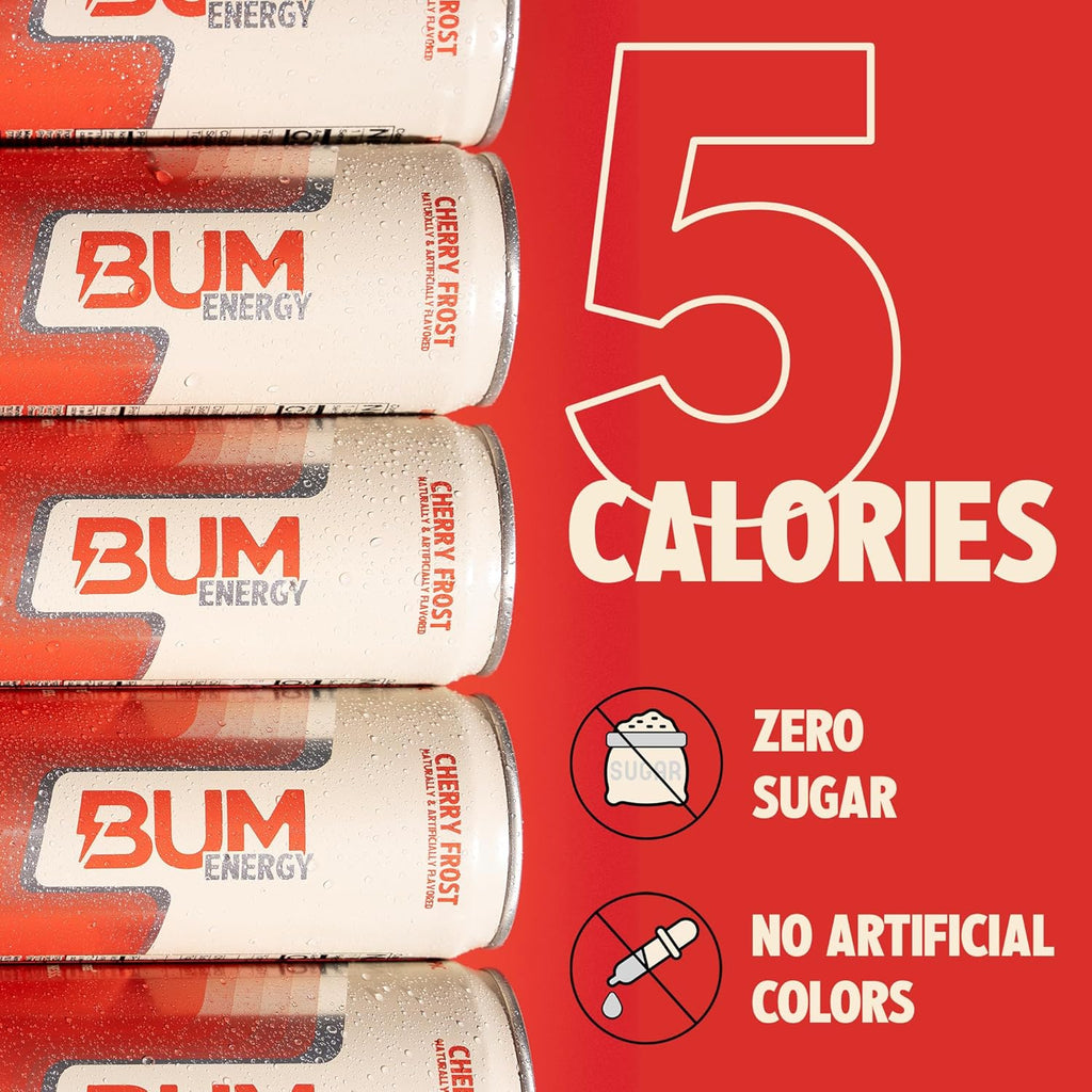 BUM Sugar-Free Energy Drink, Cherry Frost - Lightly Carbonated & No Artificial Colors, Natural Caffeine & Citicoline for Energy & Focus, Brain Boost & Workout Sports Beverage - 12 Oz, Pack of 12