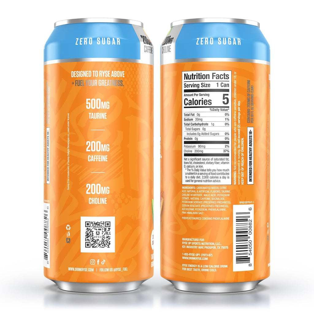 RYSE Fuel Energy Drink - Sunnyd Tangy Original - Sugar Free, Gluten Free & Vegan - 200Mg Natural Caffeine, Taurine & Choline for Focus & Energy - No Artificial Colors - 16 Fl Oz Cans (12-Pack)