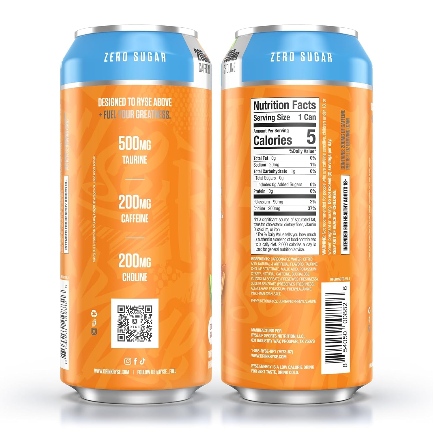 RYSE Fuel Energy Drink - Sunnyd Tangy Original - Sugar Free, Gluten Free & Vegan - 200Mg Natural Caffeine, Taurine & Choline for Focus & Energy - No Artificial Colors - 16 Fl Oz Cans (12-Pack)