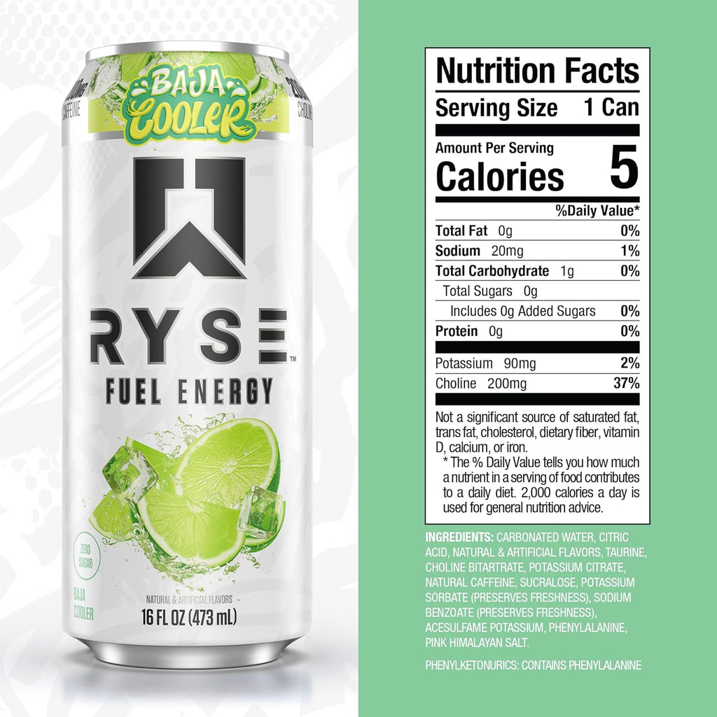 RYSE Fuel Energy Drink - Baja Cooler - Sugar Free, Gluten Free & Vegan - 200Mg Natural Caffeine, Taurine & Choline for Focus & Energy - No Artificial Colors - 16 Fl Oz Cans (12-Pack)