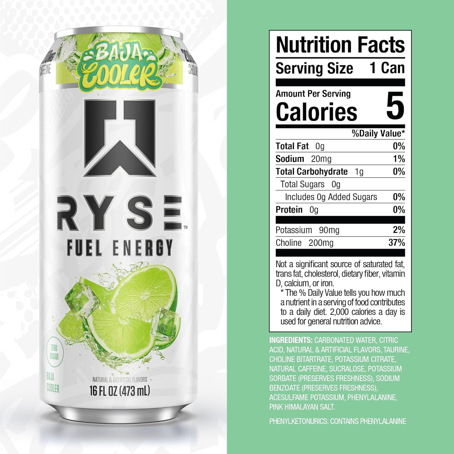 RYSE Fuel Energy Drink - Baja Cooler - Sugar Free, Gluten Free & Vegan - 200Mg Natural Caffeine, Taurine & Choline for Focus & Energy - No Artificial Colors - 16 Fl Oz Cans (12-Pack)