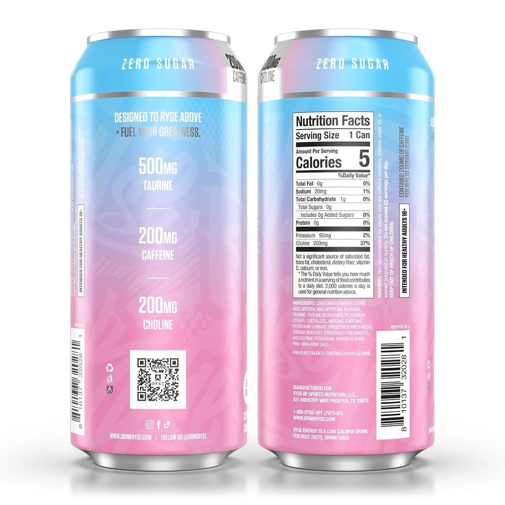 RYSE Fuel Energy Drink - Cotton Candy - Sugar Free, Gluten Free & Vegan - 200Mg Natural Caffeine, Taurine & Choline for Focus & Energy - No Artificial Colors - 16 Fl Oz Cans (12-Pack)