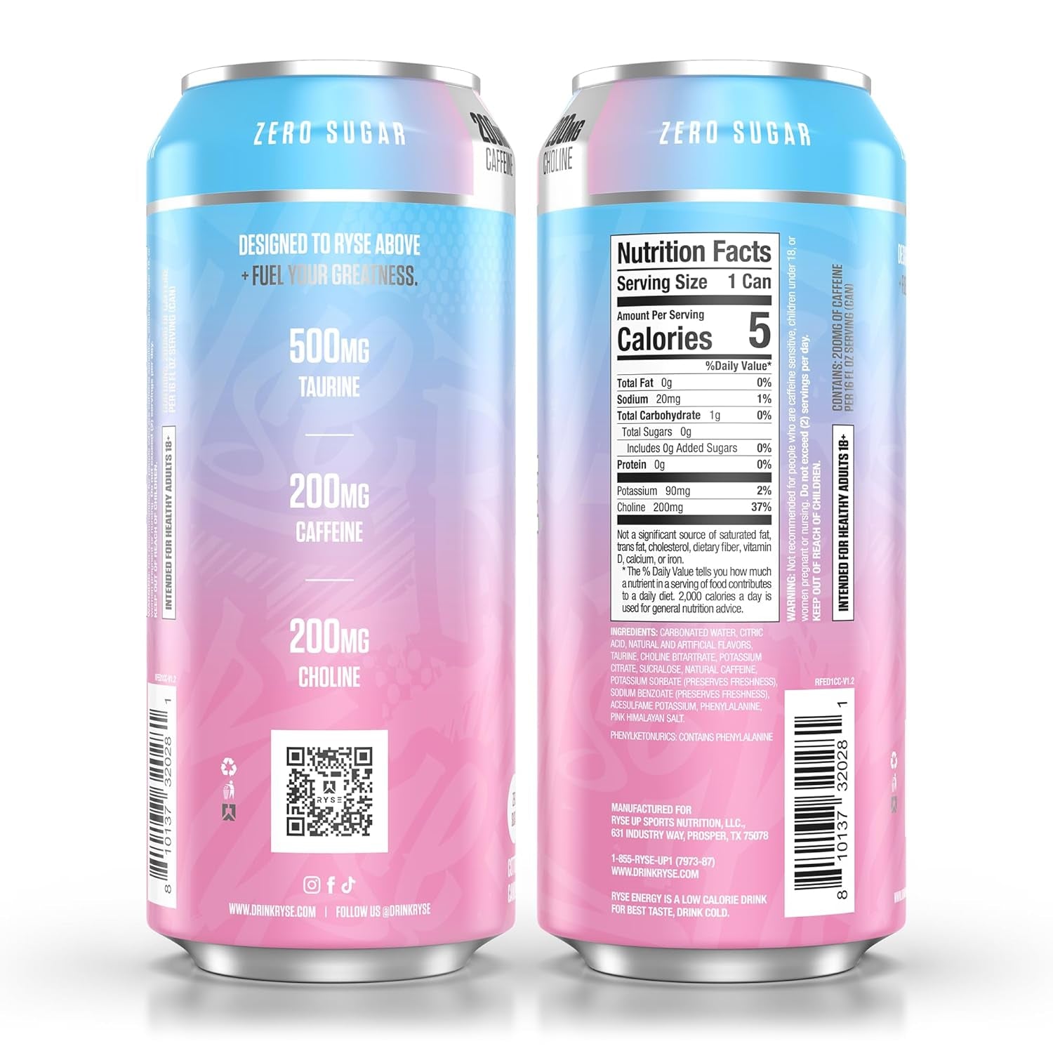 RYSE Fuel Energy Drink - Cotton Candy - Sugar Free, Gluten Free & Vegan - 200Mg Natural Caffeine, Taurine & Choline for Focus & Energy - No Artificial Colors - 16 Fl Oz Cans (12-Pack)