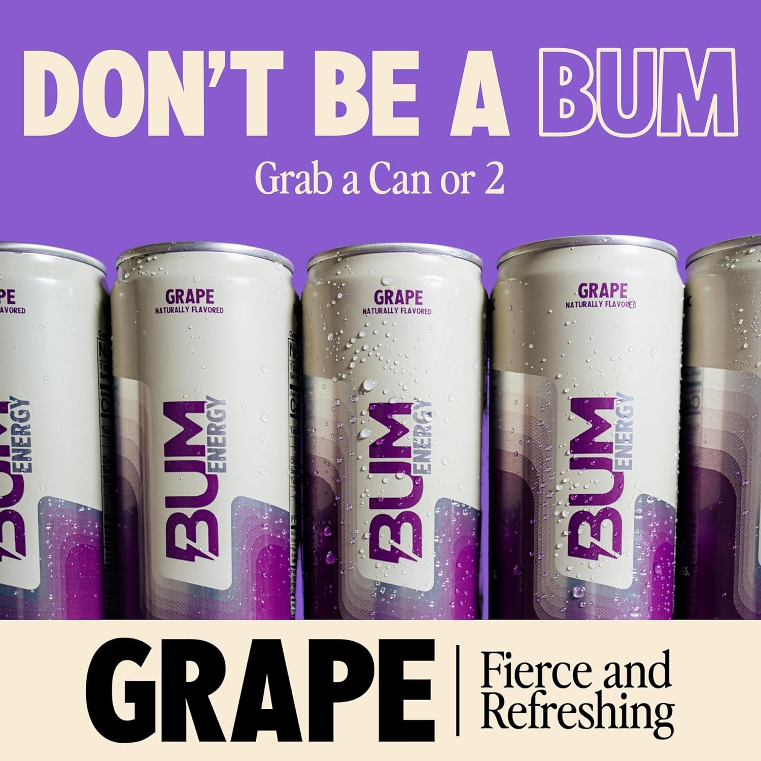BUM Sugar-Free Energy Drink, Grape - Lightly Carbonated & No Artificial Colors, Natural Caffeine & Citicoline for Energy & Focus, Brain Boost & Workout Sports Beverage - 12 Oz, Pack of 12