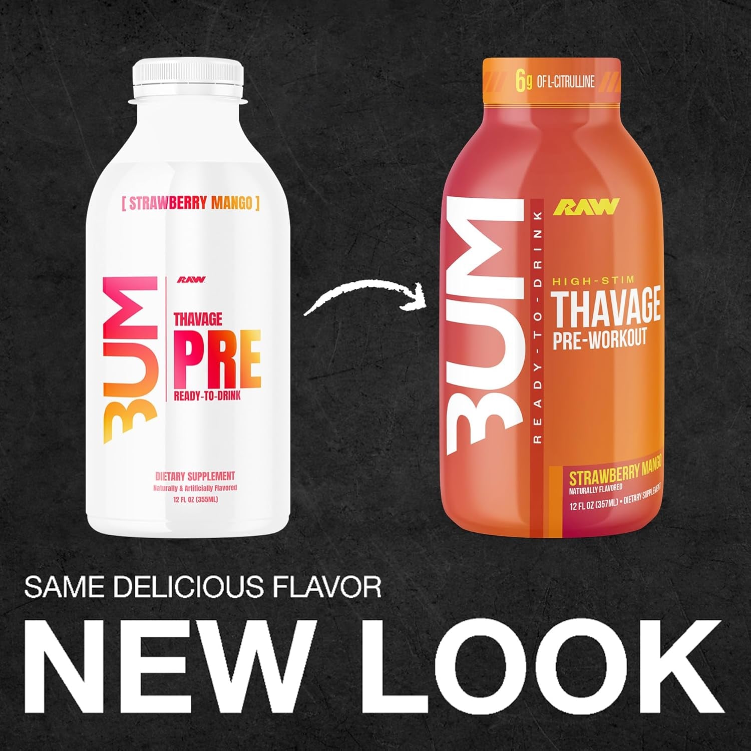 Ready to Drink Pre-Workout Drink - BUM Thavage RTD Preworkout Shakes - Energy Supplement Drinks with Beta Alanine, L-Citrulline & Caffeine - Zero Sugar (12 Pack, Stberry Mango)
