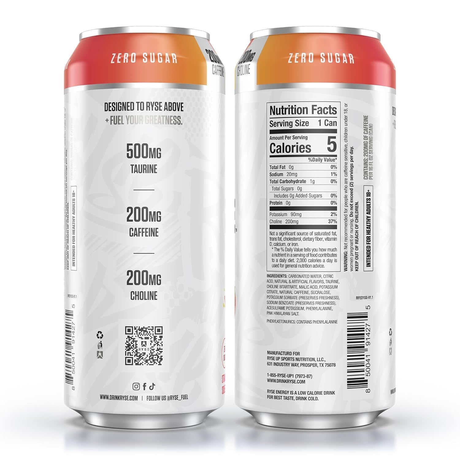RYSE Fuel Energy Drink - Strawberry Squeeze - Sugar Free, Gluten Free & Vegan - 200Mg Natural Caffeine, Taurine & Choline for Focus & Energy - No Artificial Colors - 16 Fl Oz Cans (12-Pack)