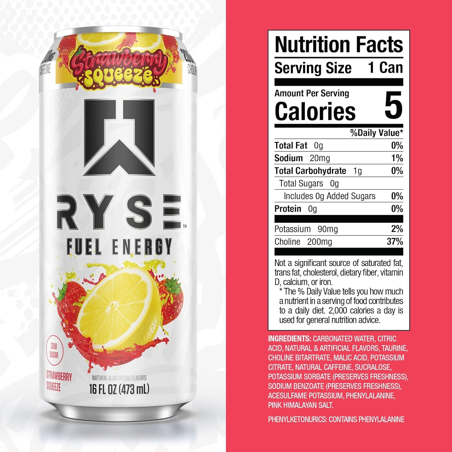 RYSE Fuel Energy Drink - Strawberry Squeeze - Sugar Free, Gluten Free & Vegan - 200Mg Natural Caffeine, Taurine & Choline for Focus & Energy - No Artificial Colors - 16 Fl Oz Cans (12-Pack)