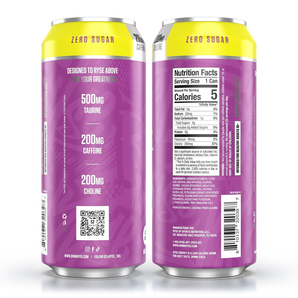 RYSE Fuel Energy Drink - Kool-Aid Grape - Sugar Free, Gluten Free & Vegan - 200Mg Natural Caffeine, Taurine & Choline for Focus & Energy - No Artificial Colors - 16 Fl Oz Cans (12-Pack)