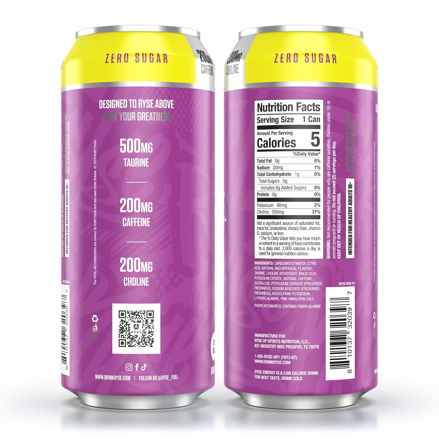 RYSE Fuel Energy Drink - Kool-Aid Grape - Sugar Free, Gluten Free & Vegan - 200Mg Natural Caffeine, Taurine & Choline for Focus & Energy - No Artificial Colors - 16 Fl Oz Cans (12-Pack)