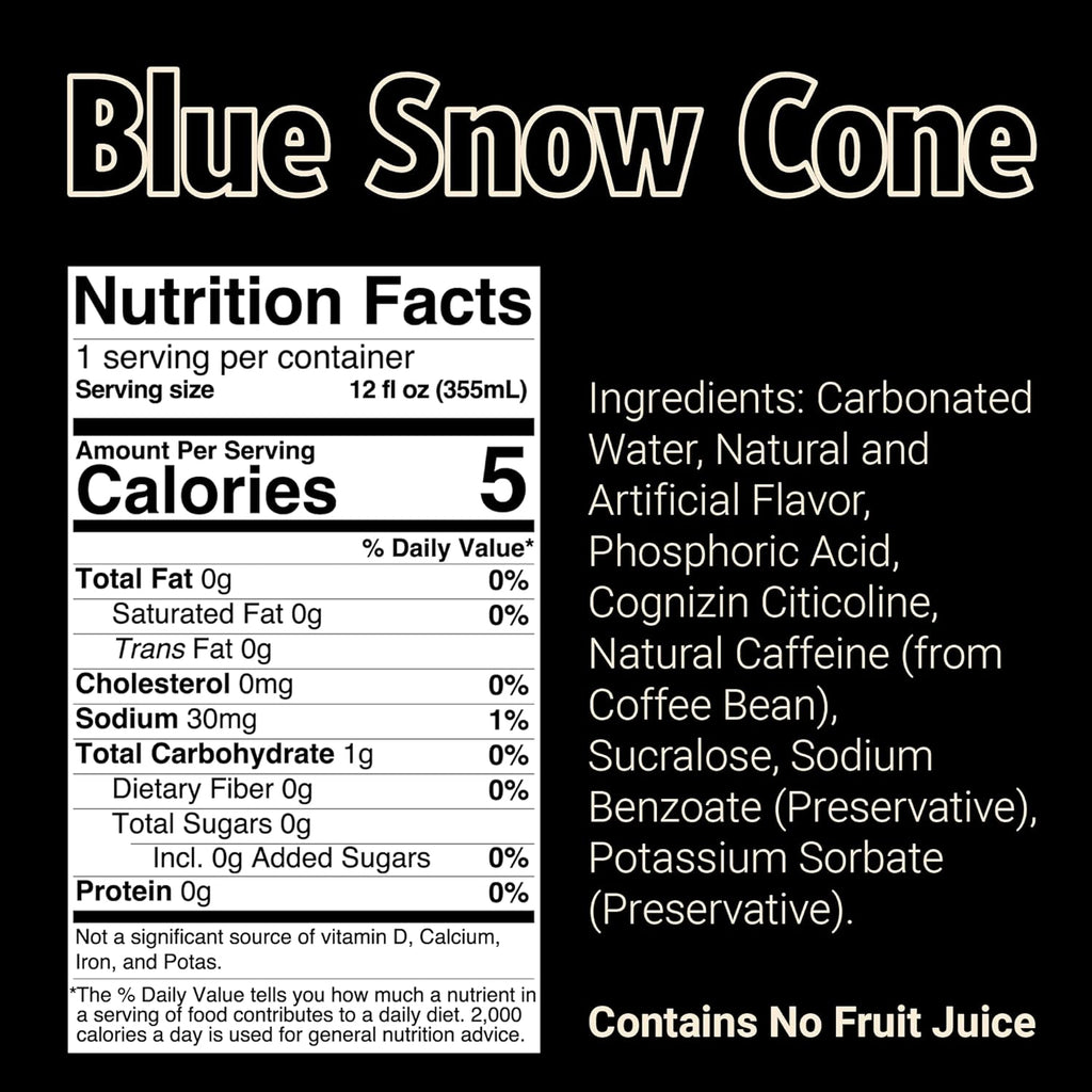 BUM Sugar-Free Energy Drink, Blue Snow Cone - Lightly Carbonated & No Artificial Colors, Natural Caffeine & Citicoline for Energy & Focus, Brain Boost & Workout Sports Beverage - 12 Oz, Pack of 12