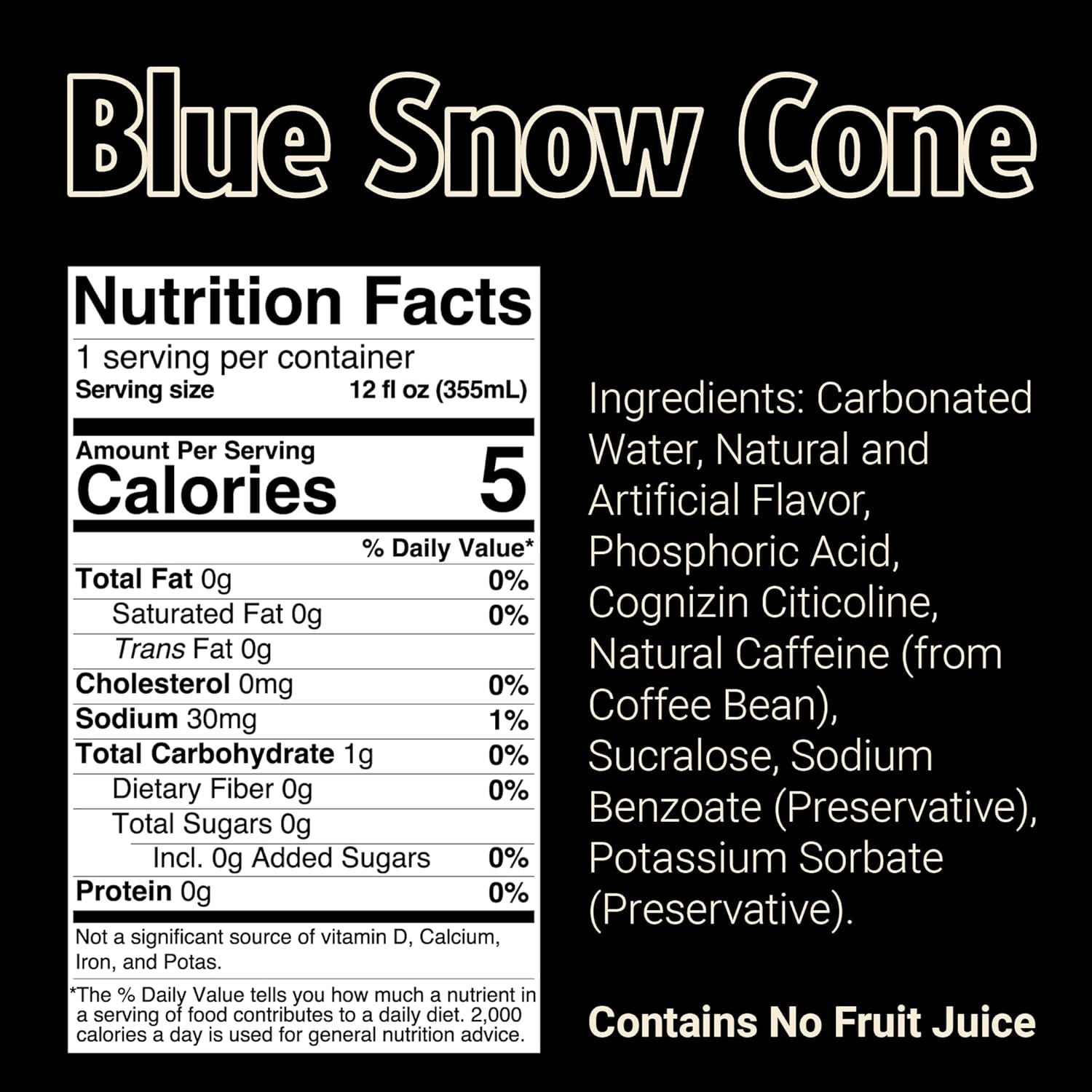 BUM Sugar-Free Energy Drink, Blue Snow Cone - Lightly Carbonated & No Artificial Colors, Natural Caffeine & Citicoline for Energy & Focus, Brain Boost & Workout Sports Beverage - 12 Oz, Pack of 12