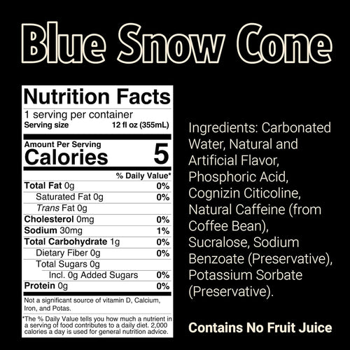 BUM Sugar-Free Energy Drink, Blue Snow Cone - Lightly Carbonated & No Artificial Colors, Natural Caffeine & Citicoline for Energy & Focus, Brain Boost & Workout Sports Beverage - 12 Oz, Pack of 12