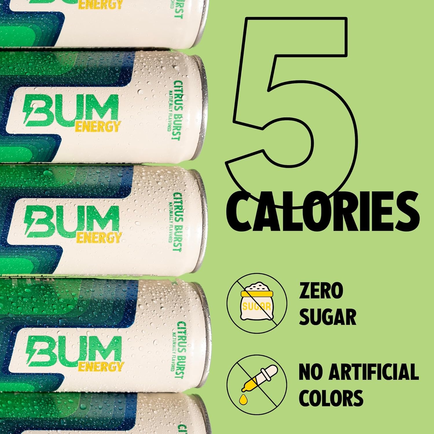BUM Sugar-Free Energy Drink, Citrus Burst - Lightly Carbonated & No Artificial Colors, Natural Caffeine & Citicoline for Energy & Focus, Brain Boost & Workout Sports Beverage - 12 Oz, Pack of 12