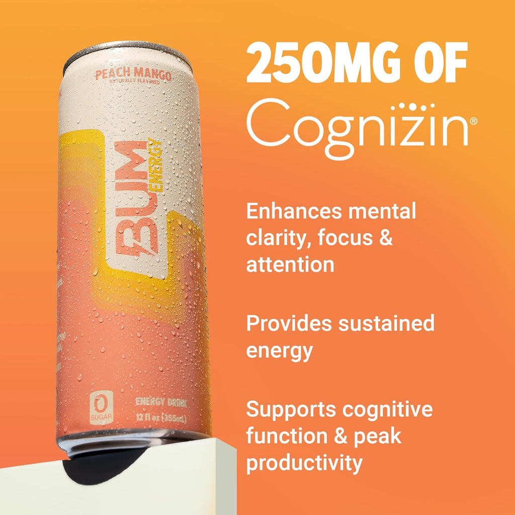 BUM Sugar-Free Energy Drink, Peach Mango - Lightly Carbonated & No Artificial Colors, Natural Caffeine & Citicoline for Energy & Focus, Brain Boost & Workout Sports Beverage - 12 Oz, Pack of 12