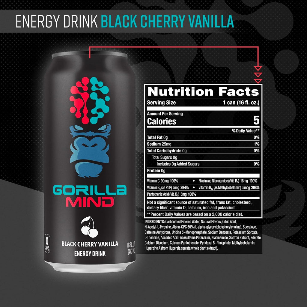 Energy Drink | Unmatched Energy · Amplified Focus | N-Acetyl-L-Tyrosine, Alpha-Gpc, 200Mg Caffeine, Uridine, Saffron | 0 Sugar or Artificial Colors | 16Oz, 12-Pack (Black Cherry Vanilla)