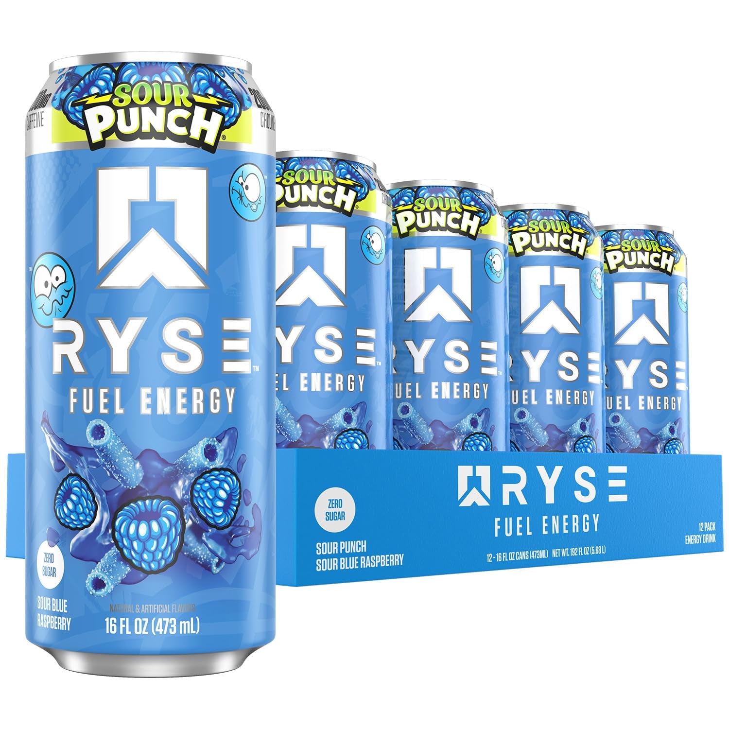 RYSE Fuel Energy Drink - Sour Punch Blue Raspberry - Sugar Free, Gluten Free & Vegan - 200Mg Natural Caffeine, Taurine & Choline for Focus & Energy - No Artificial Colors - 16 Fl Oz Cans (12-Pack)