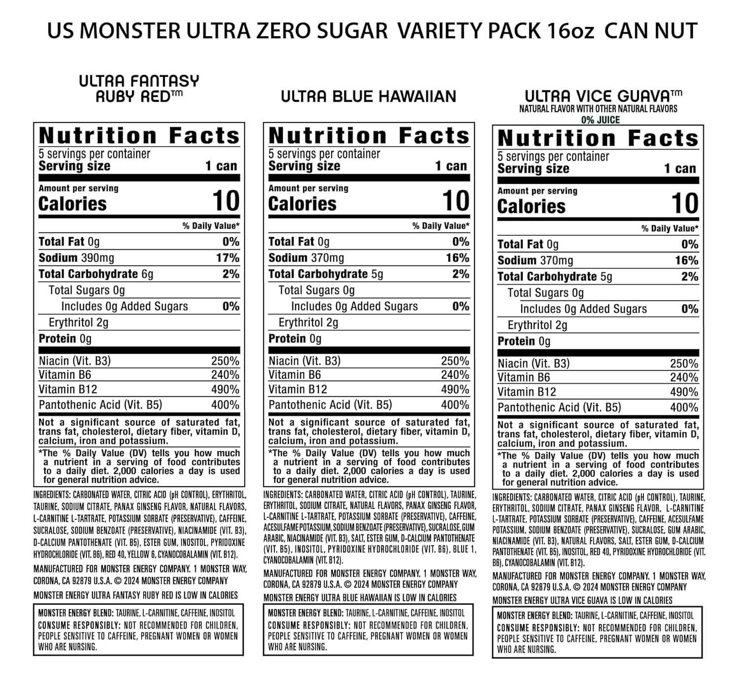 Energy Ultra Variety Pack, Blue Hawaiian, Ultra Vice Guava, Ultra Fantasy Ruby Red, Sugar Free Energy Drink, 16 Ounce (Pack of 15)