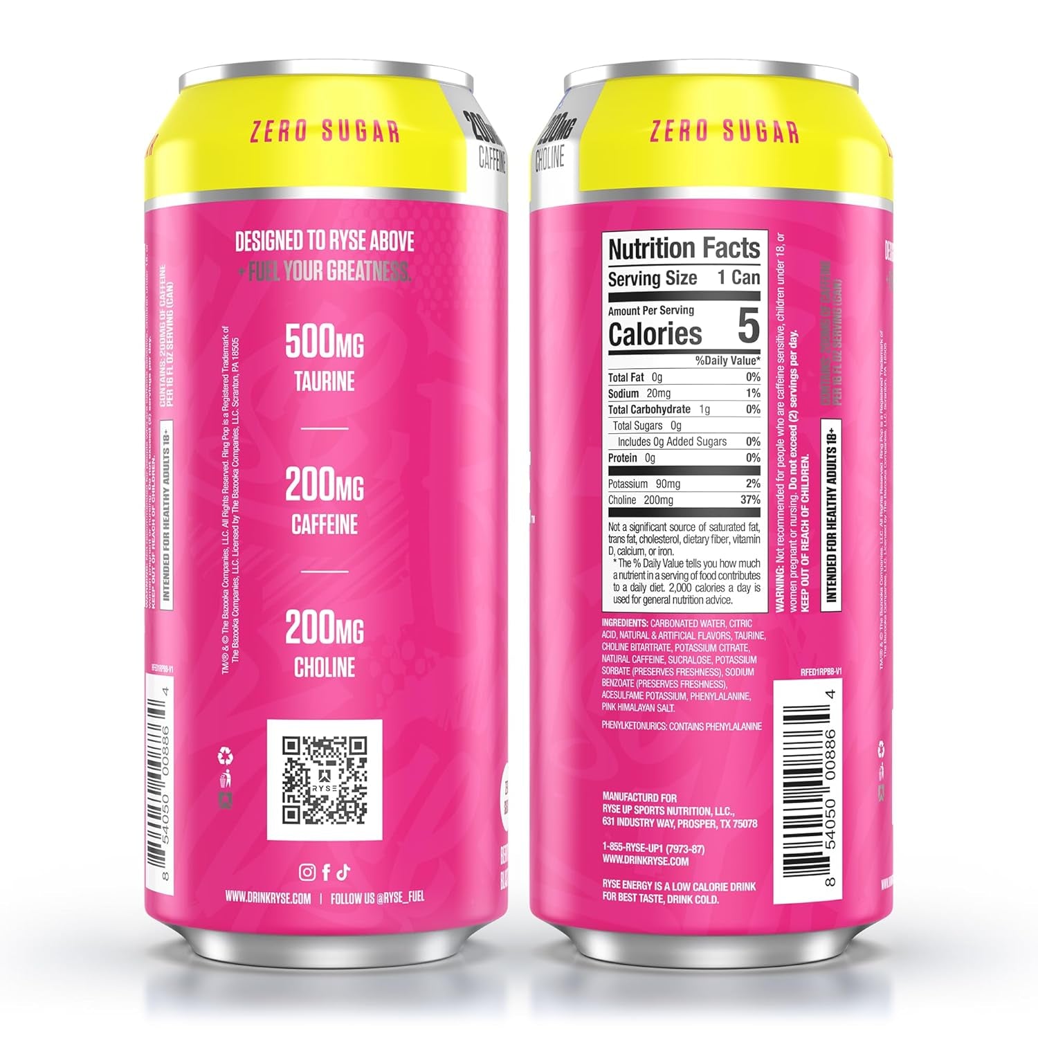 RYSE Fuel Energy Drink - Ring Pop Berry Blast - Sugar Free, Gluten Free & Vegan - 200Mg Natural Caffeine, Taurine & Choline for Focus & Energy - No Artificial Colors - 16 Fl Oz Cans (12-Pack)