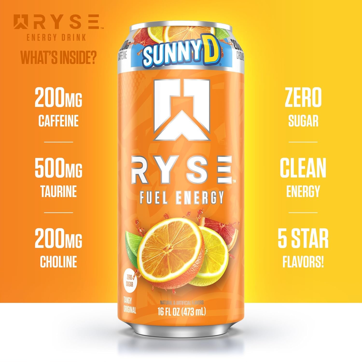 RYSE Fuel Energy Drink - Sunnyd Tangy Original - Sugar Free, Gluten Free & Vegan - 200Mg Natural Caffeine, Taurine & Choline for Focus & Energy - No Artificial Colors - 16 Fl Oz Cans (12-Pack)