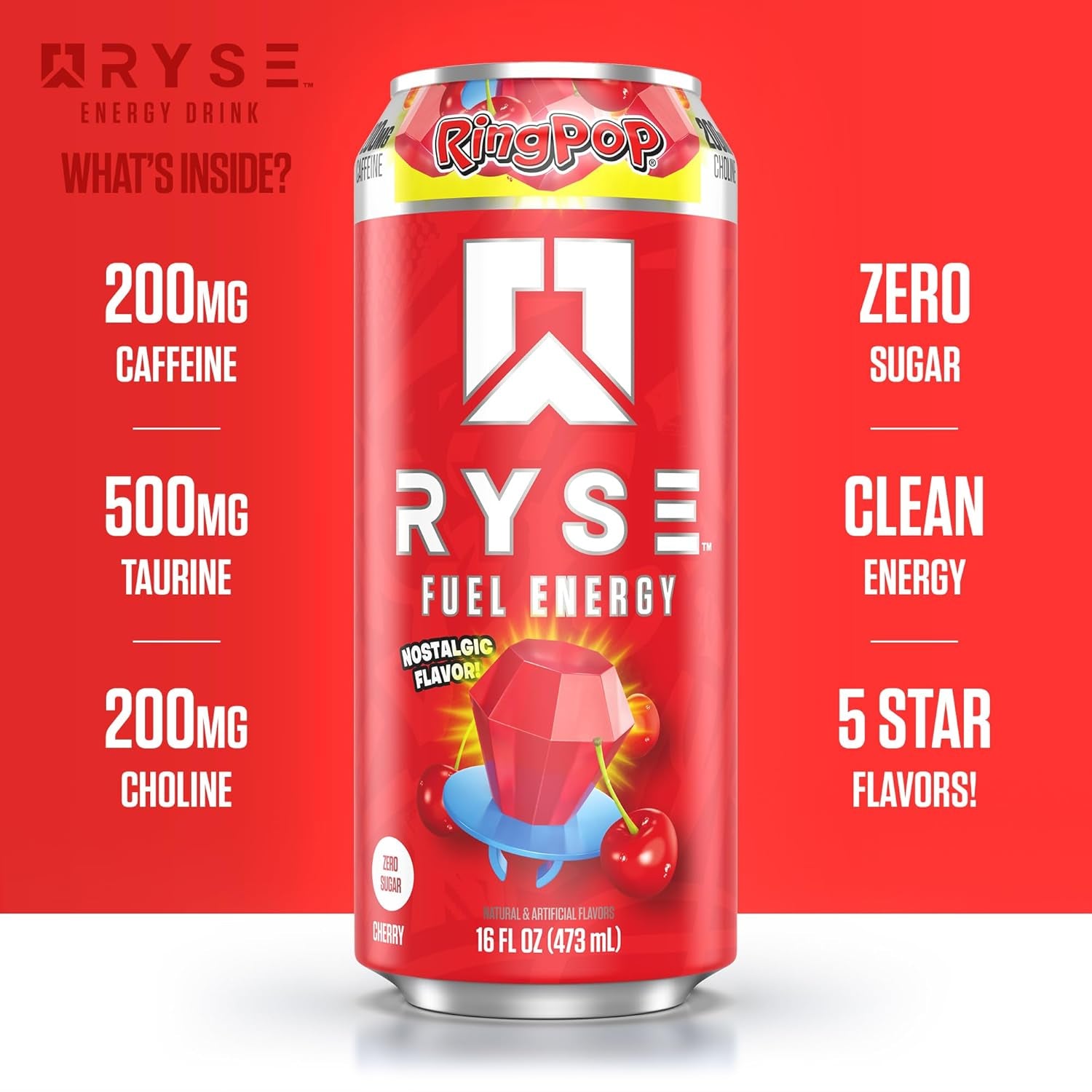 RYSE Fuel Energy Drink - Ring Pop Cherry - Sugar Free, Gluten Free & Vegan - 200Mg Natural Caffeine, Taurine & Choline for Focus & Energy - No Artificial Colors - 16 Fl Oz Cans (12-Pack)