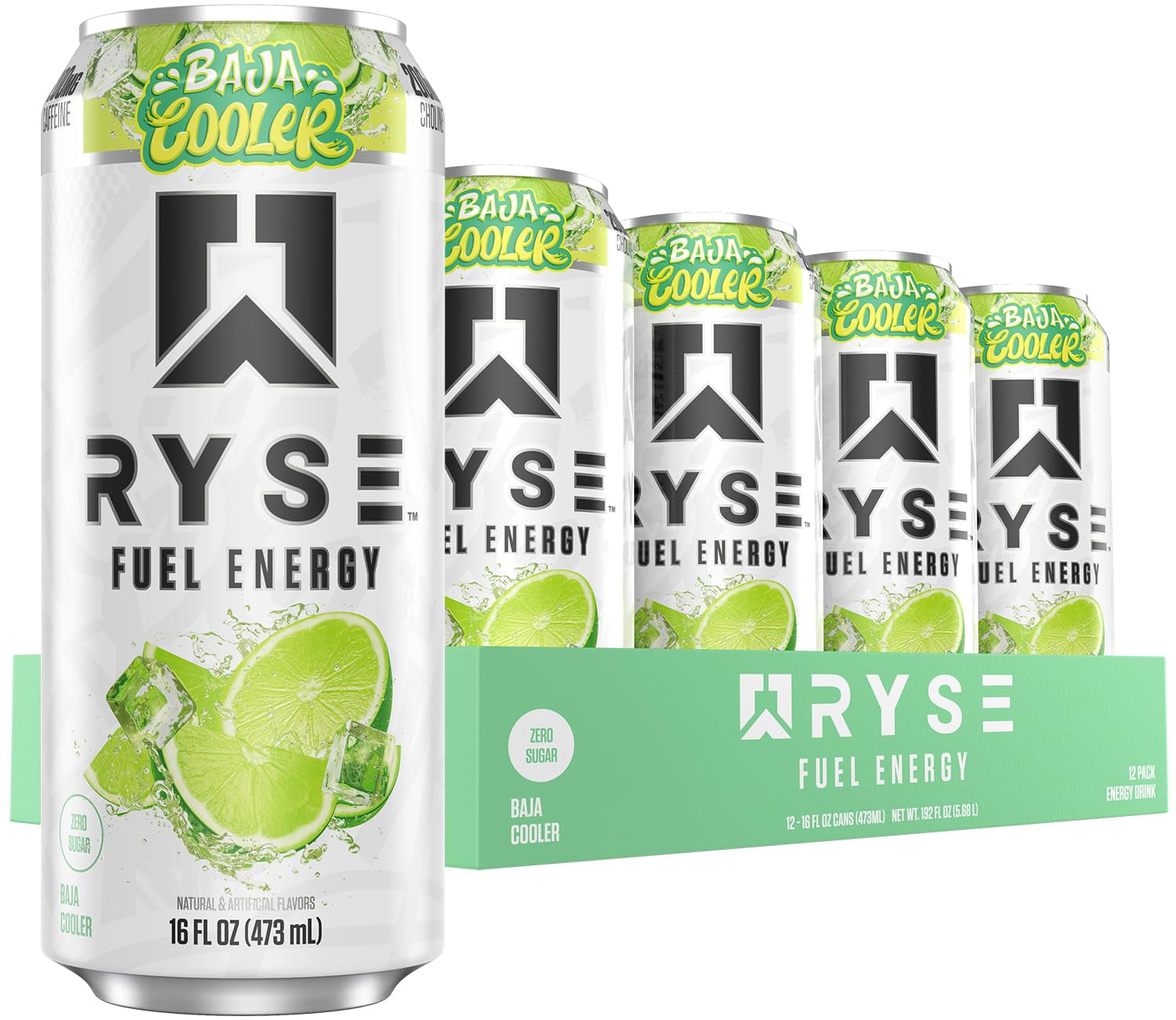 RYSE Fuel Energy Drink - Baja Cooler - Sugar Free, Gluten Free & Vegan - 200Mg Natural Caffeine, Taurine & Choline for Focus & Energy - No Artificial Colors - 16 Fl Oz Cans (12-Pack)