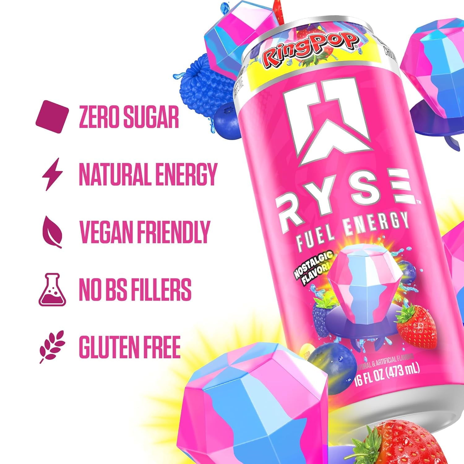 RYSE Fuel Energy Drink - Ring Pop Berry Blast - Sugar Free, Gluten Free & Vegan - 200Mg Natural Caffeine, Taurine & Choline for Focus & Energy - No Artificial Colors - 16 Fl Oz Cans (12-Pack)