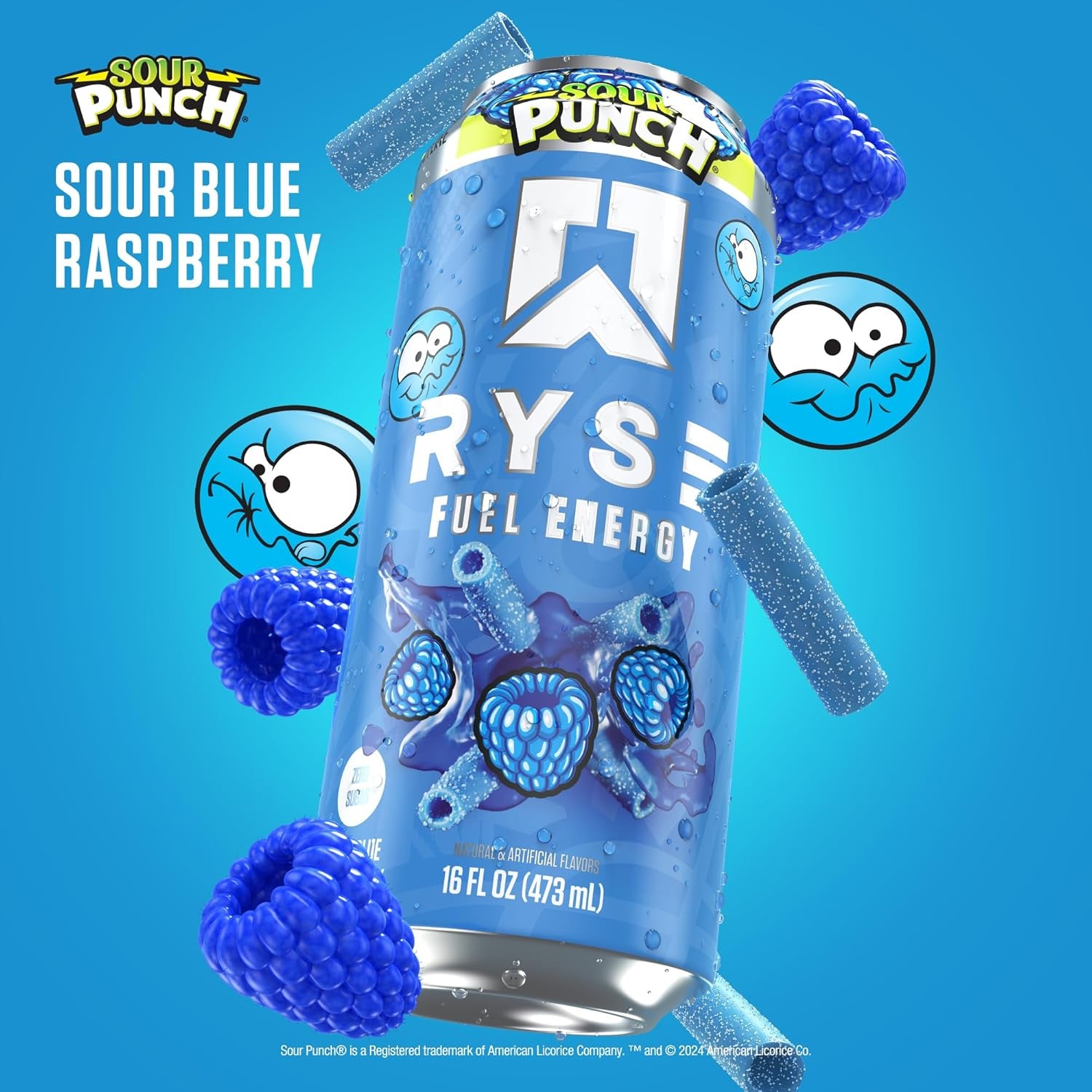 RYSE Fuel Energy Drink - Sour Punch Blue Raspberry - Sugar Free, Gluten Free & Vegan - 200Mg Natural Caffeine, Taurine & Choline for Focus & Energy - No Artificial Colors - 16 Fl Oz Cans (12-Pack)
