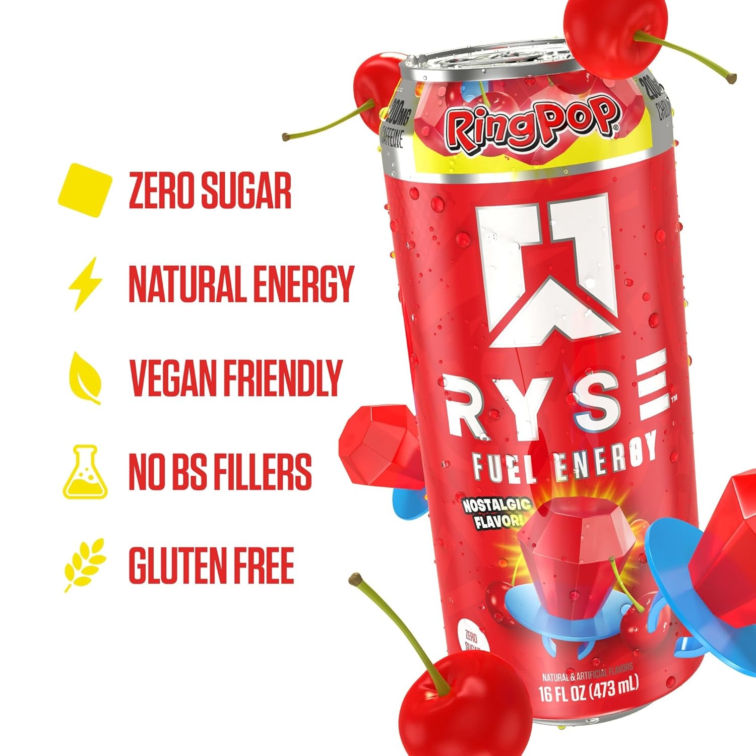 RYSE Fuel Energy Drink - Ring Pop Cherry - Sugar Free, Gluten Free & Vegan - 200Mg Natural Caffeine, Taurine & Choline for Focus & Energy - No Artificial Colors - 16 Fl Oz Cans (12-Pack)