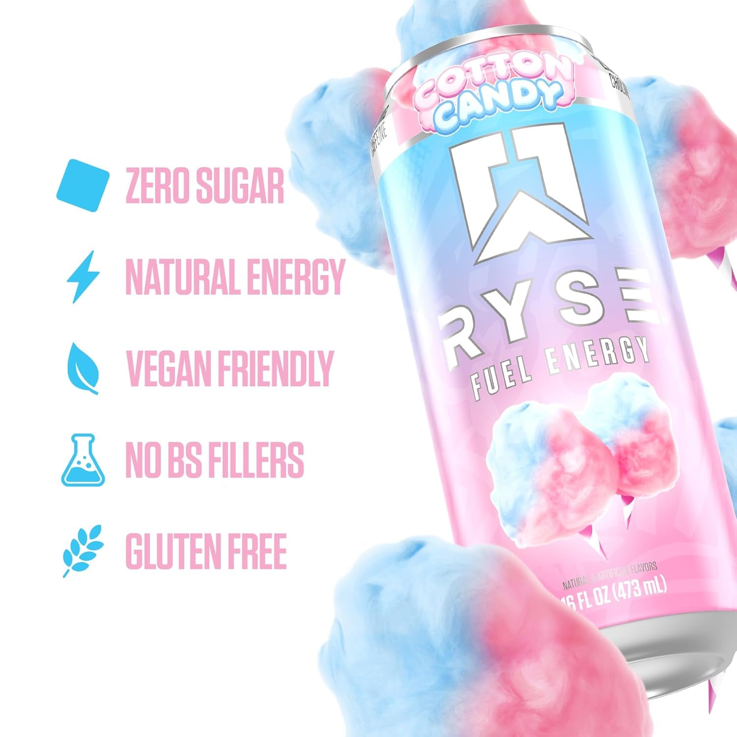 RYSE Fuel Energy Drink - Cotton Candy - Sugar Free, Gluten Free & Vegan - 200Mg Natural Caffeine, Taurine & Choline for Focus & Energy - No Artificial Colors - 16 Fl Oz Cans (12-Pack)