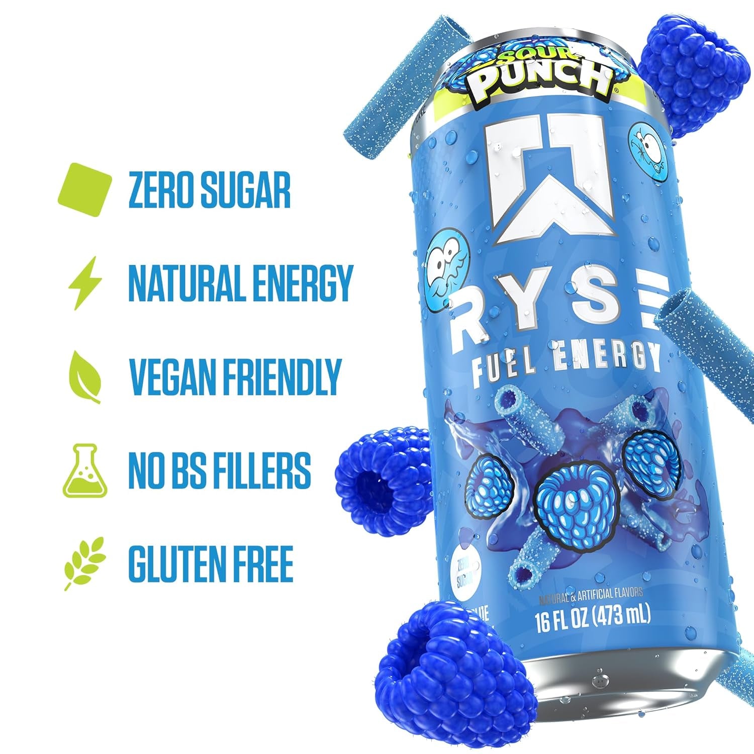 RYSE Fuel Energy Drink - Sour Punch Blue Raspberry - Sugar Free, Gluten Free & Vegan - 200Mg Natural Caffeine, Taurine & Choline for Focus & Energy - No Artificial Colors - 16 Fl Oz Cans (12-Pack)
