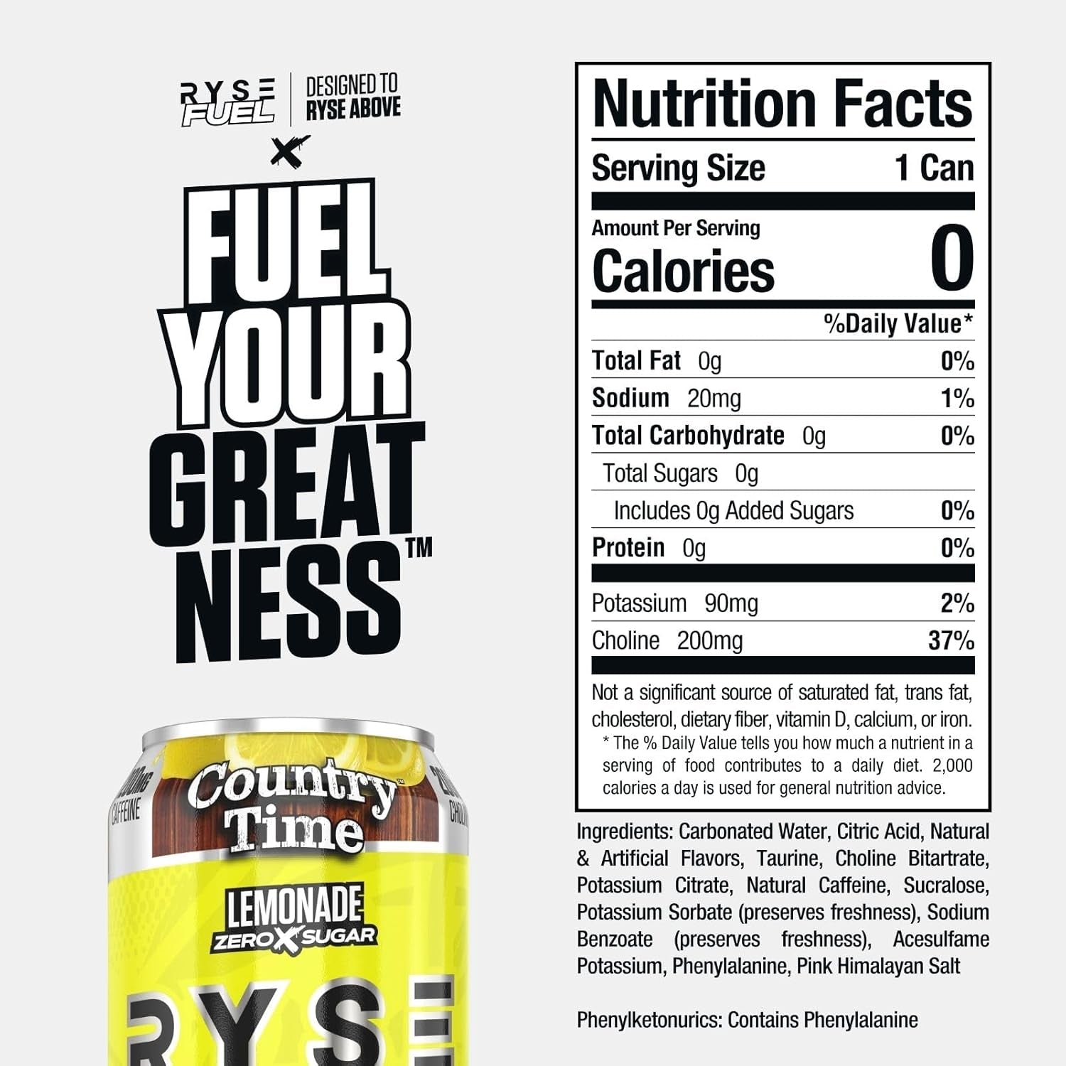 RYSE Fuel Energy Drink - Country Time Lemonade - Sugar Free, Gluten Free & Vegan - 200Mg Natural Caffeine, Taurine & Choline for Focus & Energy - No Artificial Colors - 16 Fl Oz Cans (12-Pack)