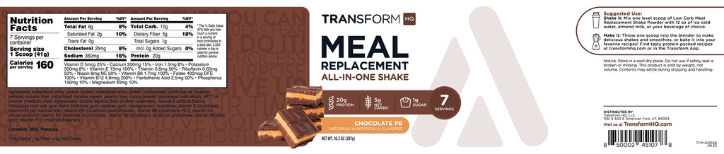 Meal Replacement Shake Powder 7 Servings (Chocolate Peanut Butter) - Gluten Free, Non-Gmo