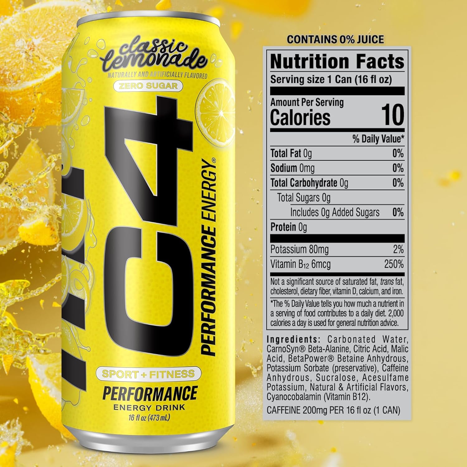 C4 Energy Drink, Lemonade Limited Edition Carbonated, Sugar Free Pre Workout Performance Drink with No Artificial Colors or Dyes, 16Oz Pack of 12