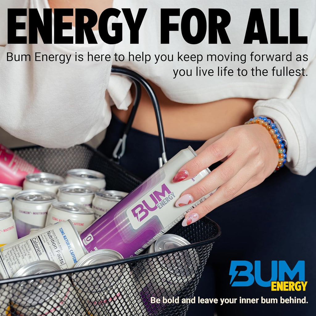 BUM Sugar-Free Energy Drink, Blueberry Lemonade - Lightly Carbonated & No Artificial Colors, Natural Caffeine & Citicoline for Energy & Focus, Brain Boost & Workout Sports Beverage - 12 Oz, Pack of 12