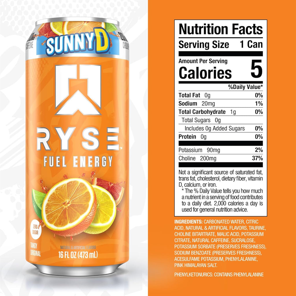 RYSE Fuel Energy Drink - Sunnyd Tangy Original - Sugar Free, Gluten Free & Vegan - 200Mg Natural Caffeine, Taurine & Choline for Focus & Energy - No Artificial Colors - 16 Fl Oz Cans (12-Pack)