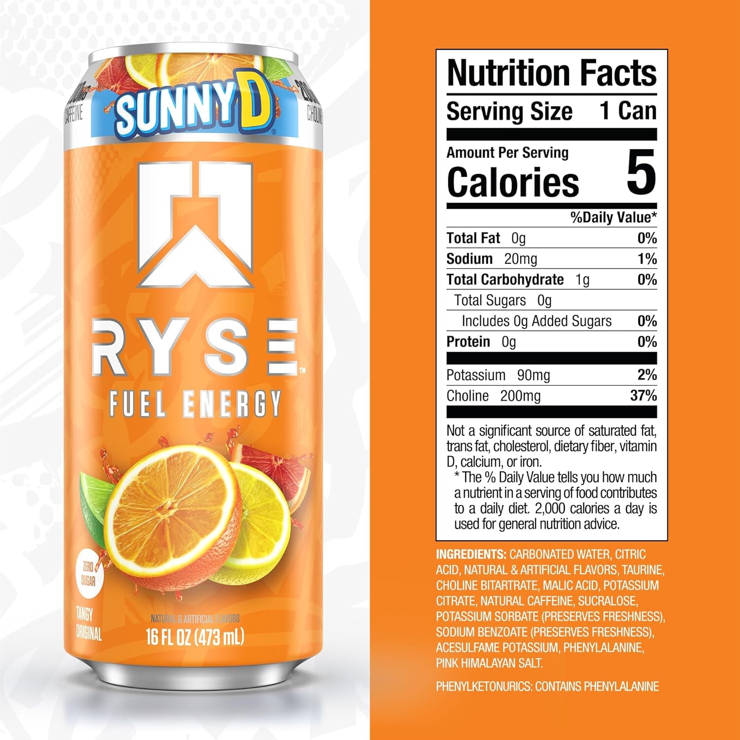 RYSE Fuel Energy Drink - Sunnyd Tangy Original - Sugar Free, Gluten Free & Vegan - 200Mg Natural Caffeine, Taurine & Choline for Focus & Energy - No Artificial Colors - 16 Fl Oz Cans (12-Pack)