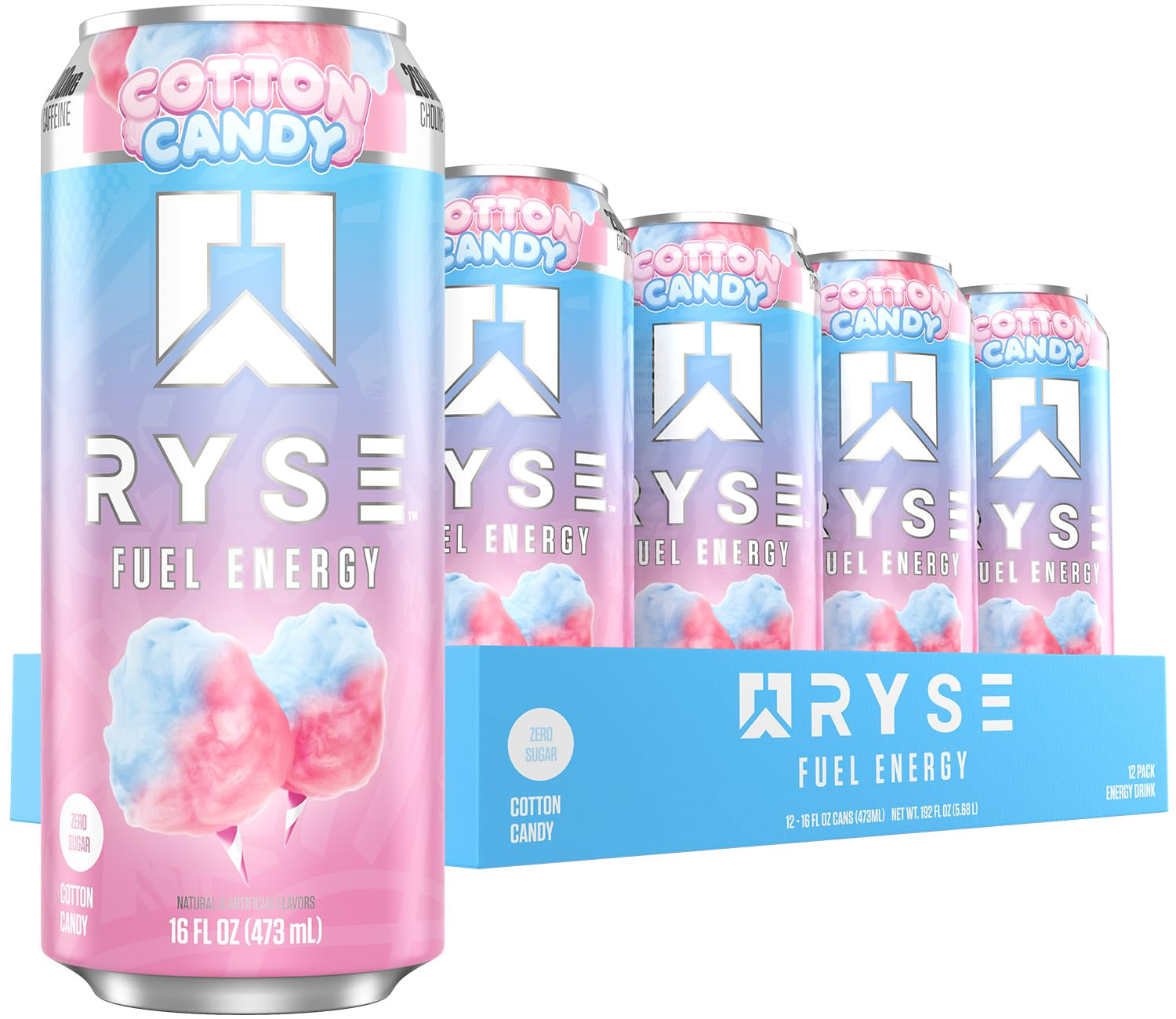 RYSE Fuel Energy Drink - Cotton Candy - Sugar Free, Gluten Free & Vegan - 200Mg Natural Caffeine, Taurine & Choline for Focus & Energy - No Artificial Colors - 16 Fl Oz Cans (12-Pack)