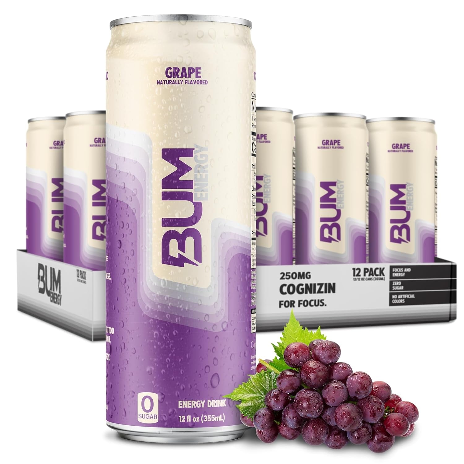 BUM Sugar-Free Energy Drink, Grape - Lightly Carbonated & No Artificial Colors, Natural Caffeine & Citicoline for Energy & Focus, Brain Boost & Workout Sports Beverage - 12 Oz, Pack of 12