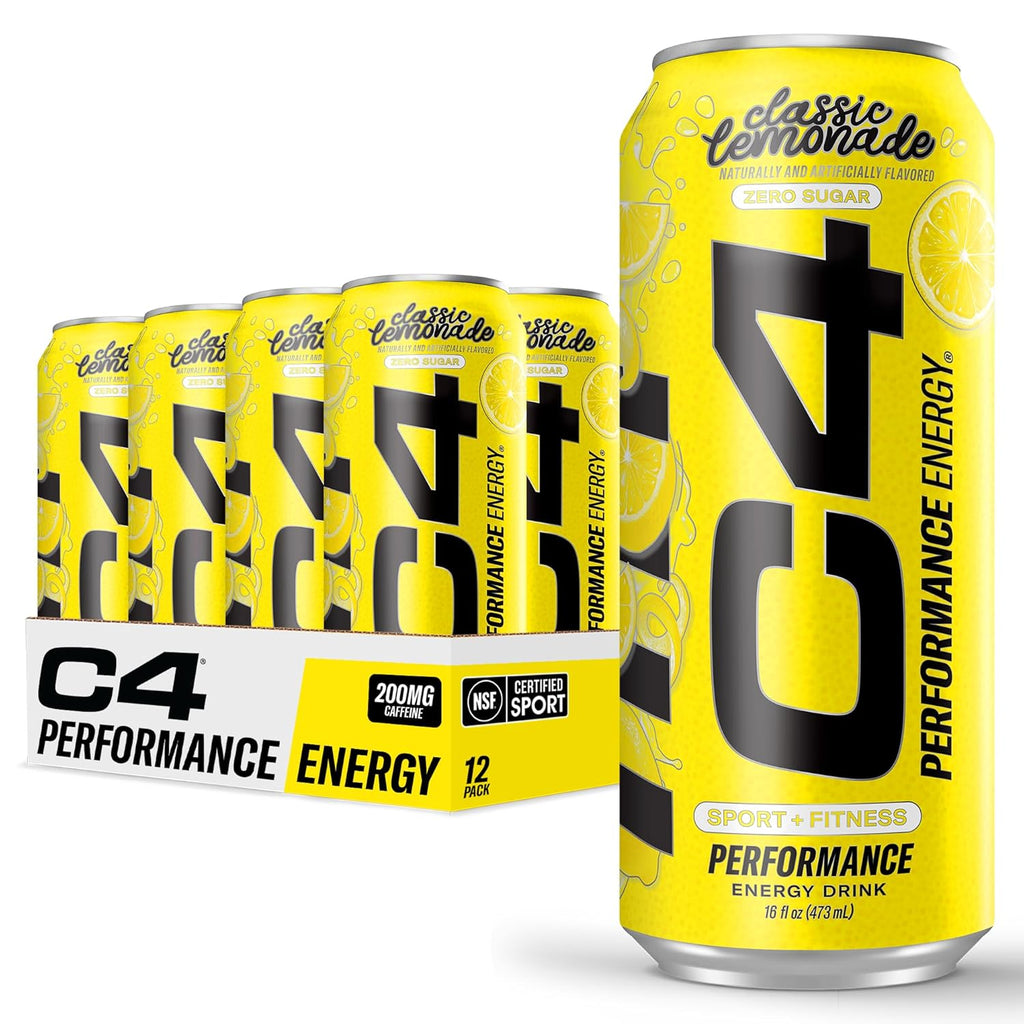 C4 Energy Drink, Lemonade Limited Edition Carbonated, Sugar Free Pre Workout Performance Drink with No Artificial Colors or Dyes, 16Oz Pack of 12