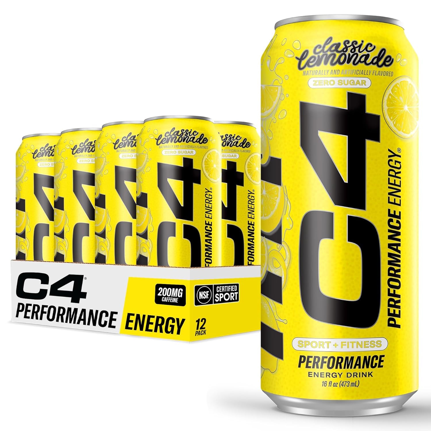 C4 Energy Drink, Lemonade Limited Edition Carbonated, Sugar Free Pre Workout Performance Drink with No Artificial Colors or Dyes, 16Oz Pack of 12