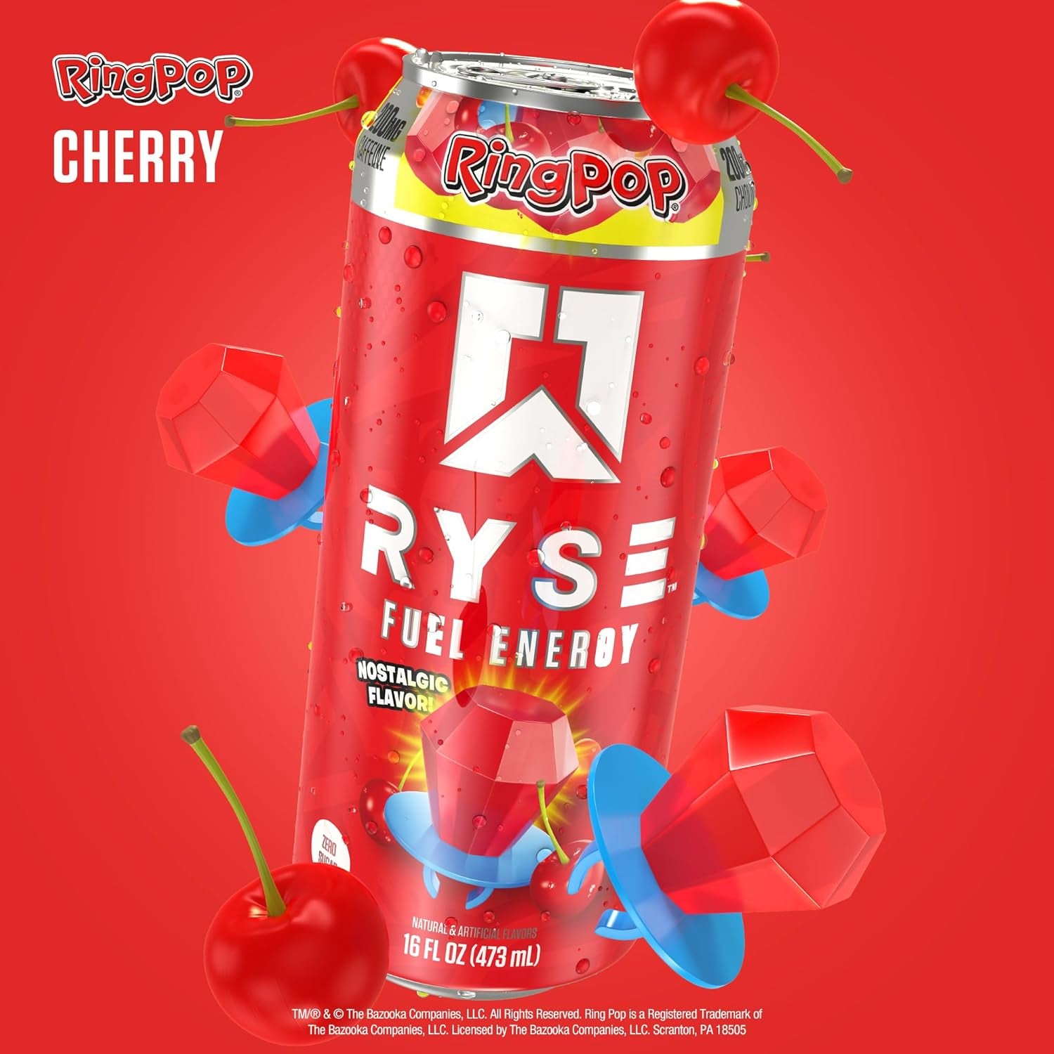 RYSE Fuel Energy Drink - Ring Pop Cherry - Sugar Free, Gluten Free & Vegan - 200Mg Natural Caffeine, Taurine & Choline for Focus & Energy - No Artificial Colors - 16 Fl Oz Cans (12-Pack)