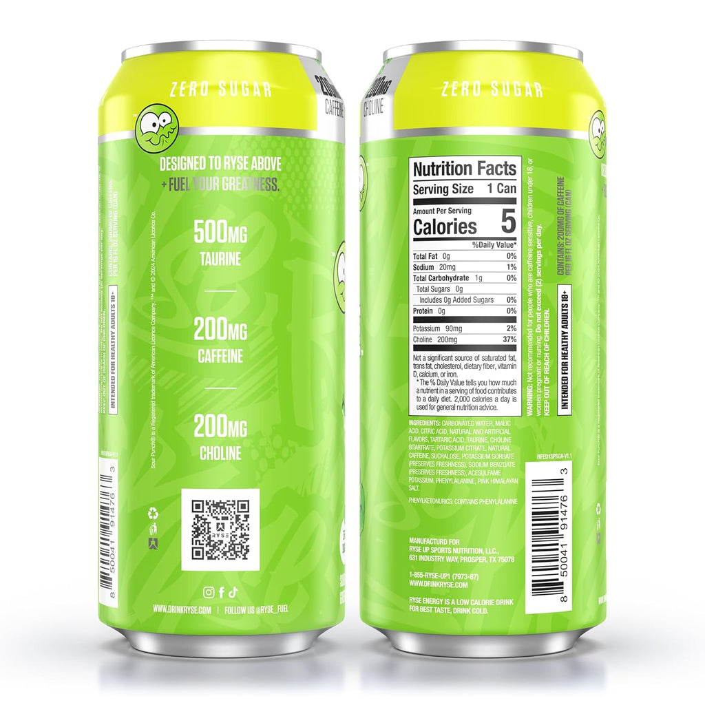 RYSE Fuel Energy Drink - Sour Punch Green Apple - Sugar Free, Gluten Free & Vegan - 200Mg Natural Caffeine, Taurine & Choline for Focus & Energy - No Artificial Colors - 16 Fl Oz Cans (12-Pack)