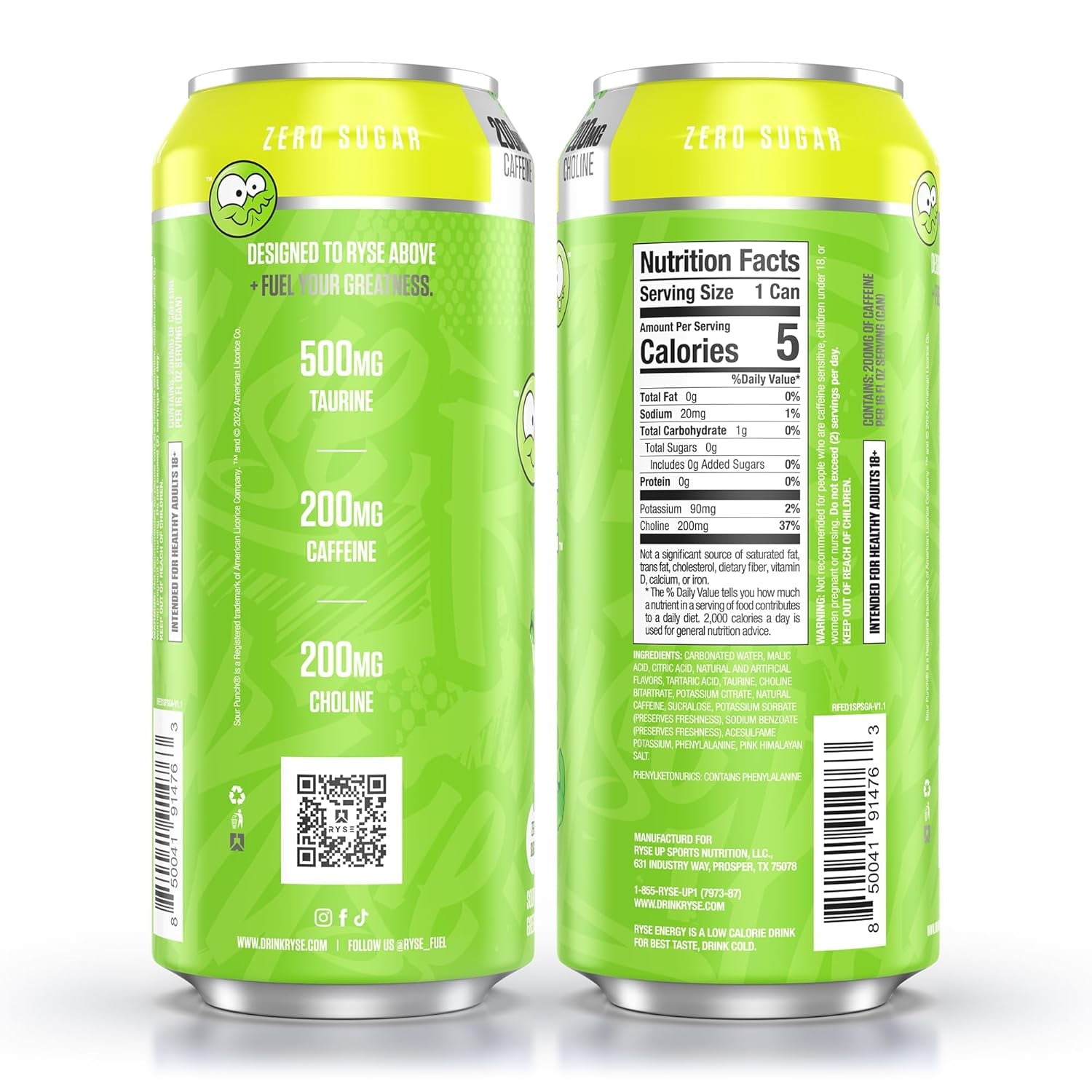 RYSE Fuel Energy Drink - Sour Punch Green Apple - Sugar Free, Gluten Free & Vegan - 200Mg Natural Caffeine, Taurine & Choline for Focus & Energy - No Artificial Colors - 16 Fl Oz Cans (12-Pack)