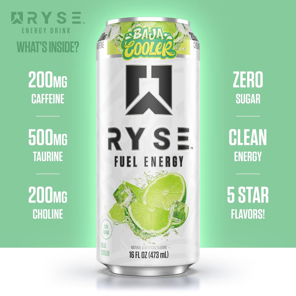 RYSE Fuel Energy Drink - Baja Cooler - Sugar Free, Gluten Free & Vegan - 200Mg Natural Caffeine, Taurine & Choline for Focus & Energy - No Artificial Colors - 16 Fl Oz Cans (12-Pack)