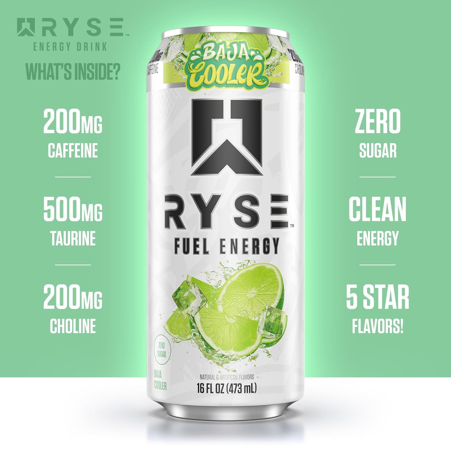 RYSE Fuel Energy Drink - Baja Cooler - Sugar Free, Gluten Free & Vegan - 200Mg Natural Caffeine, Taurine & Choline for Focus & Energy - No Artificial Colors - 16 Fl Oz Cans (12-Pack)