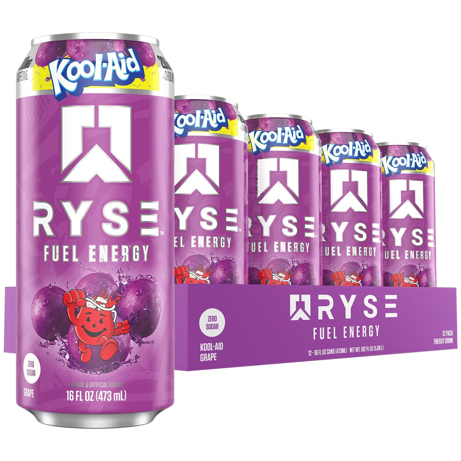 RYSE Fuel Energy Drink - Kool-Aid Grape - Sugar Free, Gluten Free & Vegan - 200Mg Natural Caffeine, Taurine & Choline for Focus & Energy - No Artificial Colors - 16 Fl Oz Cans (12-Pack)